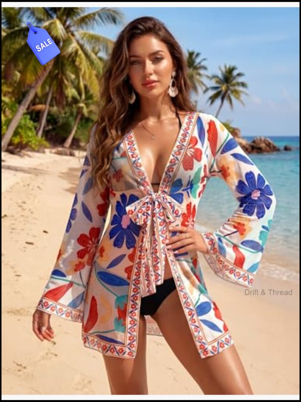 Mesh Floral Bell Sleeve Kimono Cardigan Cover Up V-Neck Drawstring Beach Dress - Picture 4 of 7